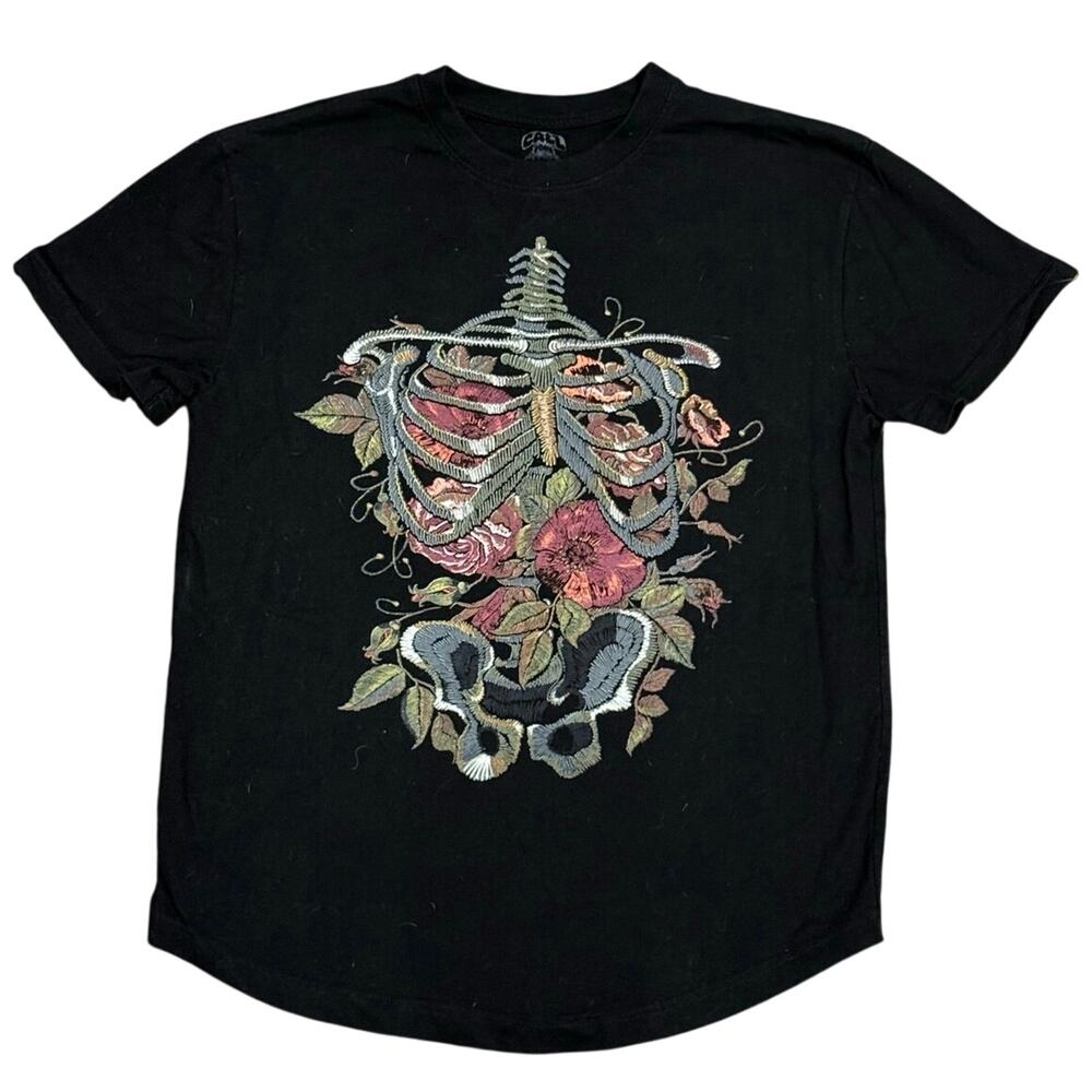 Call Your Mother Embroidery Style Skeleton Rib Cage Floral Black T-Shirt Medium